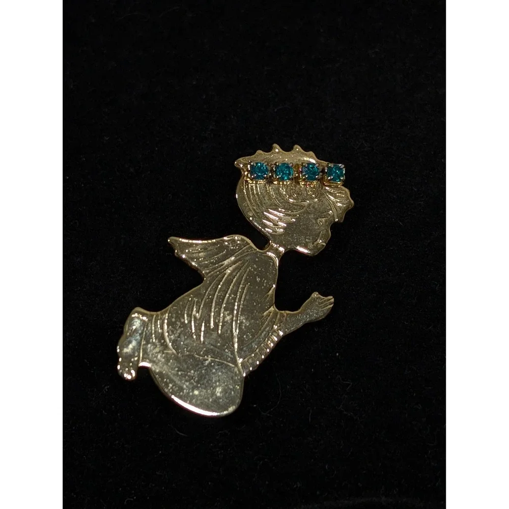Vintage Praying Child Brooch Gold Tone Blue Rhinestone‎ Religious Pin Birthstone